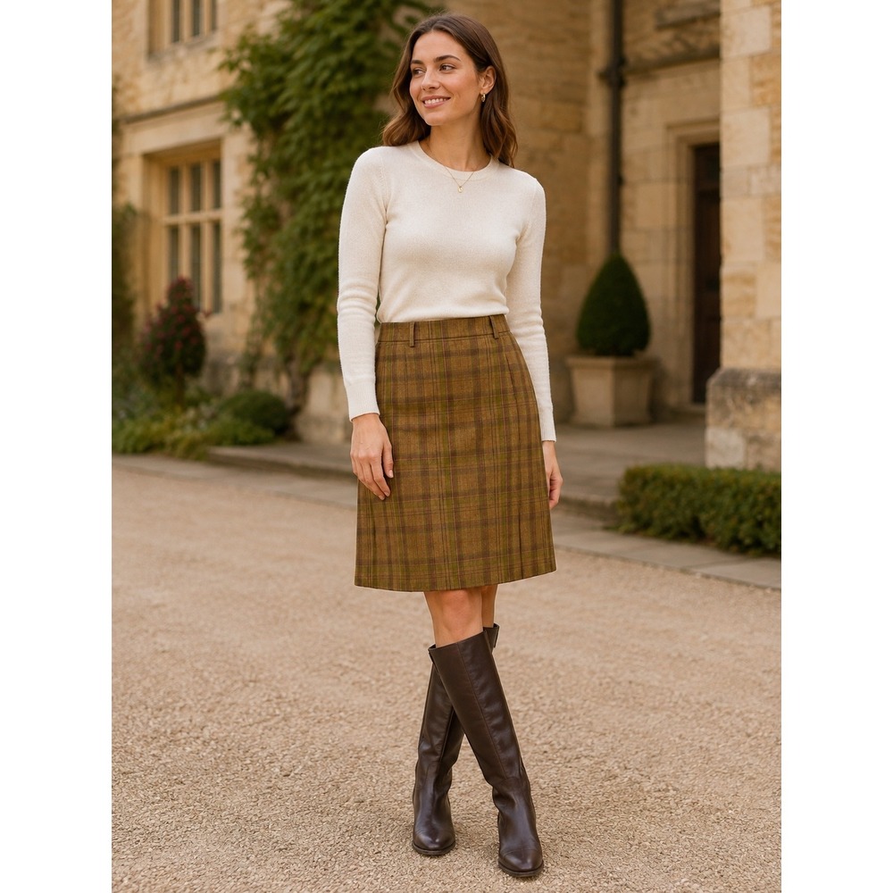 Brooks Brothers Women's 10 Linen Plaid Midi Skirt Olive Brown Fully Lined